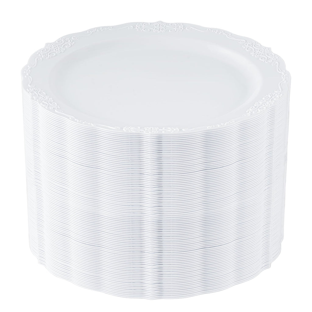 Upassion 100 Pieces White Plastic Plates - 10.25 inch White Dinner Disposable Plates - Premium Hard Disposable Dinner Plates - Party Supplies for Birthdays, Celebrations, Wedding and Events