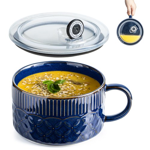 Gomakren Soup Bowl with Handle 39oz, Microwave Ramen Bowl with Lid, Ceramic Soup Container Mug Cup for Ramen Cereal Office Lunch Dorm, Cobalt Blue
