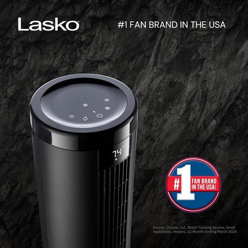 Lasko Adjustable Tower Fan - 42”-54” Height, 31 ft/s Airflow, Quiet 28 dB, 90° Oscillation, Remote Control - Black