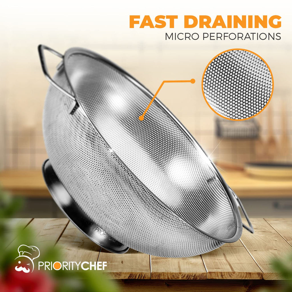 PriorityChef Colander, Stainless Steel Kitchen Strainer For Washing Rice, Pasta And Small Grains, 5 Quart