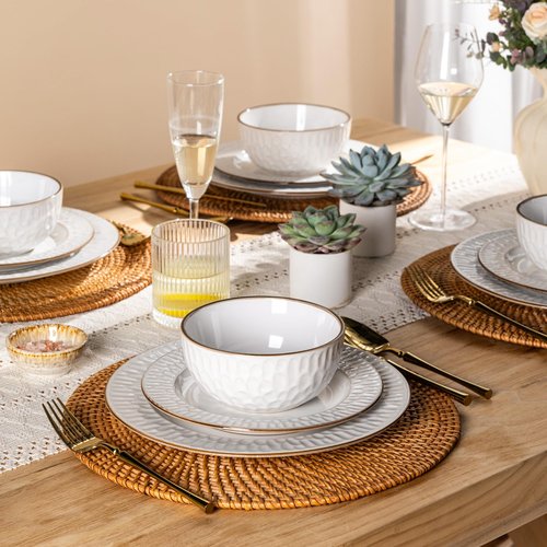 GBHOME Ceramic Dinnerware Sets,12 pcs Embossed Elegant Stoneware Plates and Bowls Sets, Housewarming Wedding Gift | Dishwasher & Microwave Safe | Dishes Set Service for 4