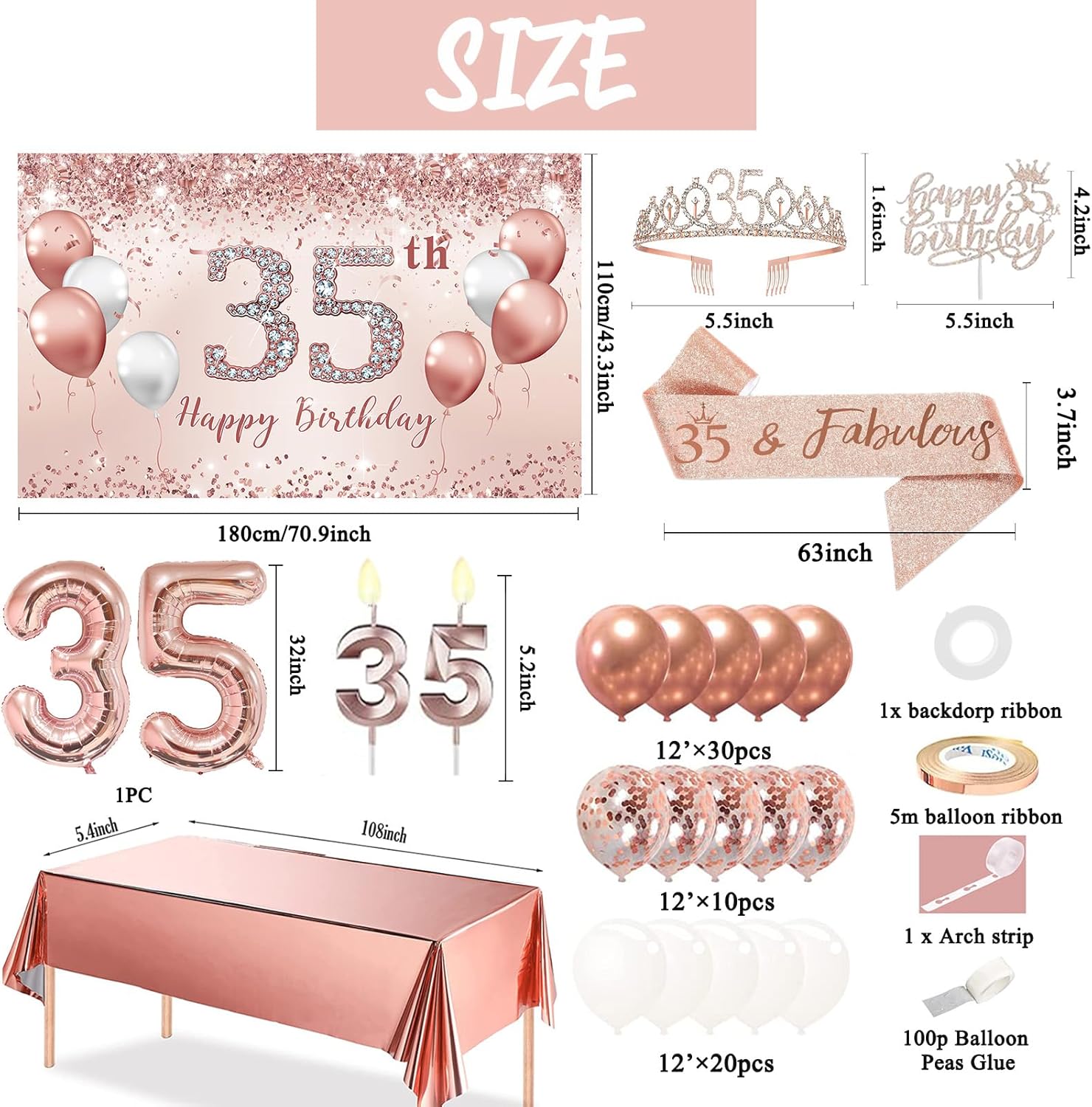 Trgowaul 35th Birthday Decorations Set - Rose Gold Balloon Arch, Banner, Tablecloth & Tiara | Pink & Gold Theme