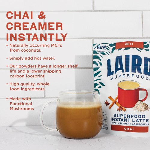 Laird Superfood Chai Instant Latte with Adaptogens - Instant Chai Tea Powder with Superfood Coconut Creamer - Gluten Free, Non-GMO, Vegan, 8 oz. Bag, Pack of 1