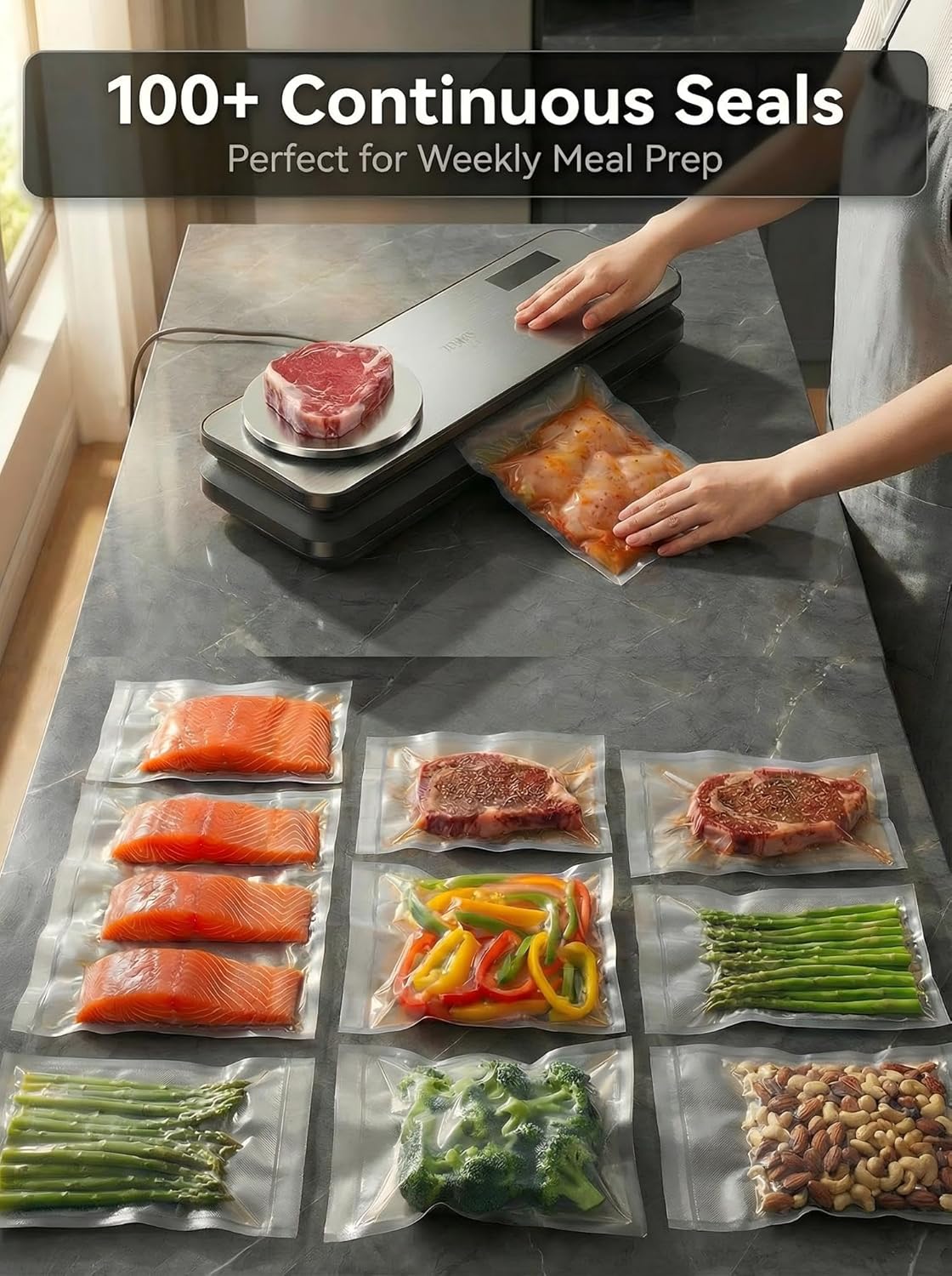 Skiennix Vacuum Sealer - 90kPA Powerful Food Saver with Digital Kitchen Scale & 12-in-1 Modes | Includes 10 Bags & 1 Roll