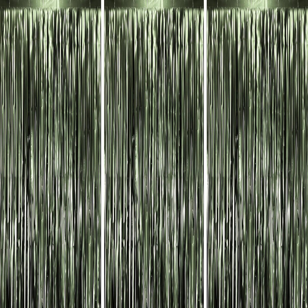 Voircoloria Matte Green Foil Fringe Backdrop Curtains - 3 Pack Tinsel Streamers for Parties | 3.3 x 8.2 ft