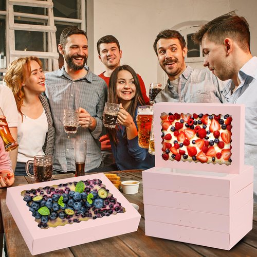 PFAMKEER Cookie Boxes,14x10x2.5 Inch Large Bakery Boxes with Window for Pies Chocolate Strawberries Muffins Donuts Pastry Dessert Christmas(Pink, 14 * 10 * 2.5inch/24pcs)