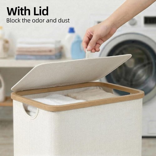 Efluky Slim Laundry Basket - Narrow Hamper with Lid & Removable Bag - 75L Beige for Bathroom & Bedroom