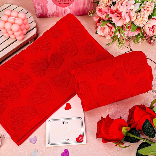 Whaline Valentine's Day Hand Towels Jacquard Cotton Bathroom Towel 3D Red Heart Decorative Absorbent Bath Towel for Kitchen Dish Drying Cleaning Cooking, 29.5 x 13.4 Inch, 2Pcs