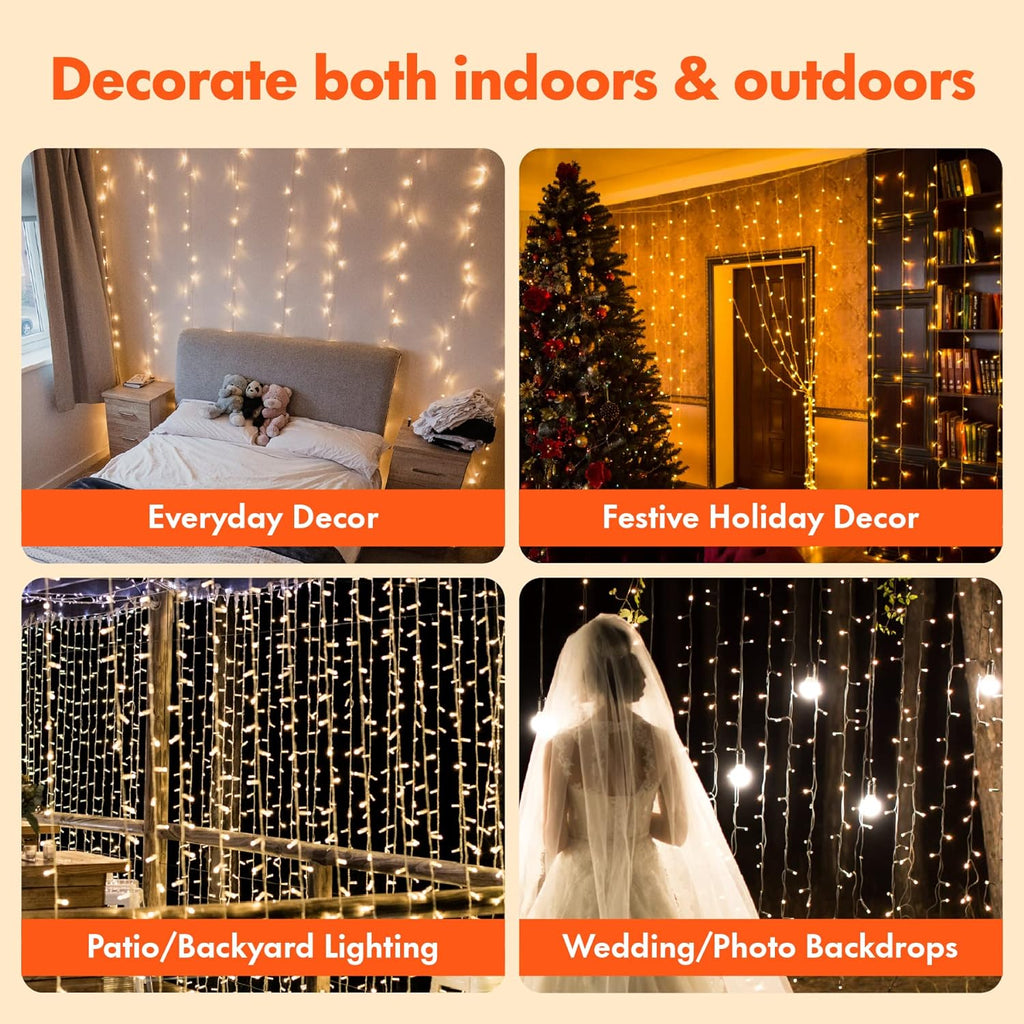 Twinkle Star 300 LED Curtain String Lights - 8 Modes Fairy Lights for Bedroom & Events | Warm White