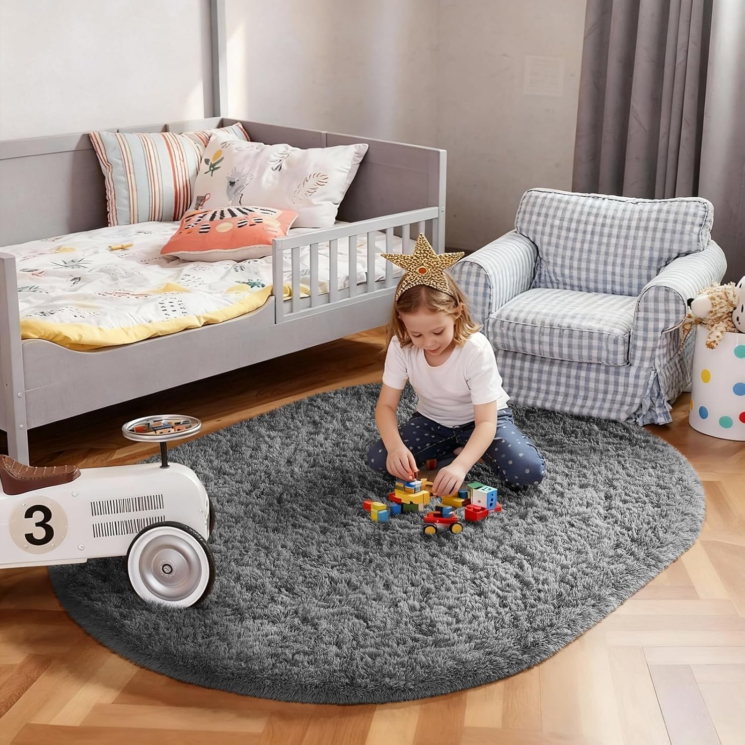 Ophanie 3x5 Oval Rug - Non-Slip Grey Area Rug for Bedroom | Fluffy Dorm & Nursery Decor
