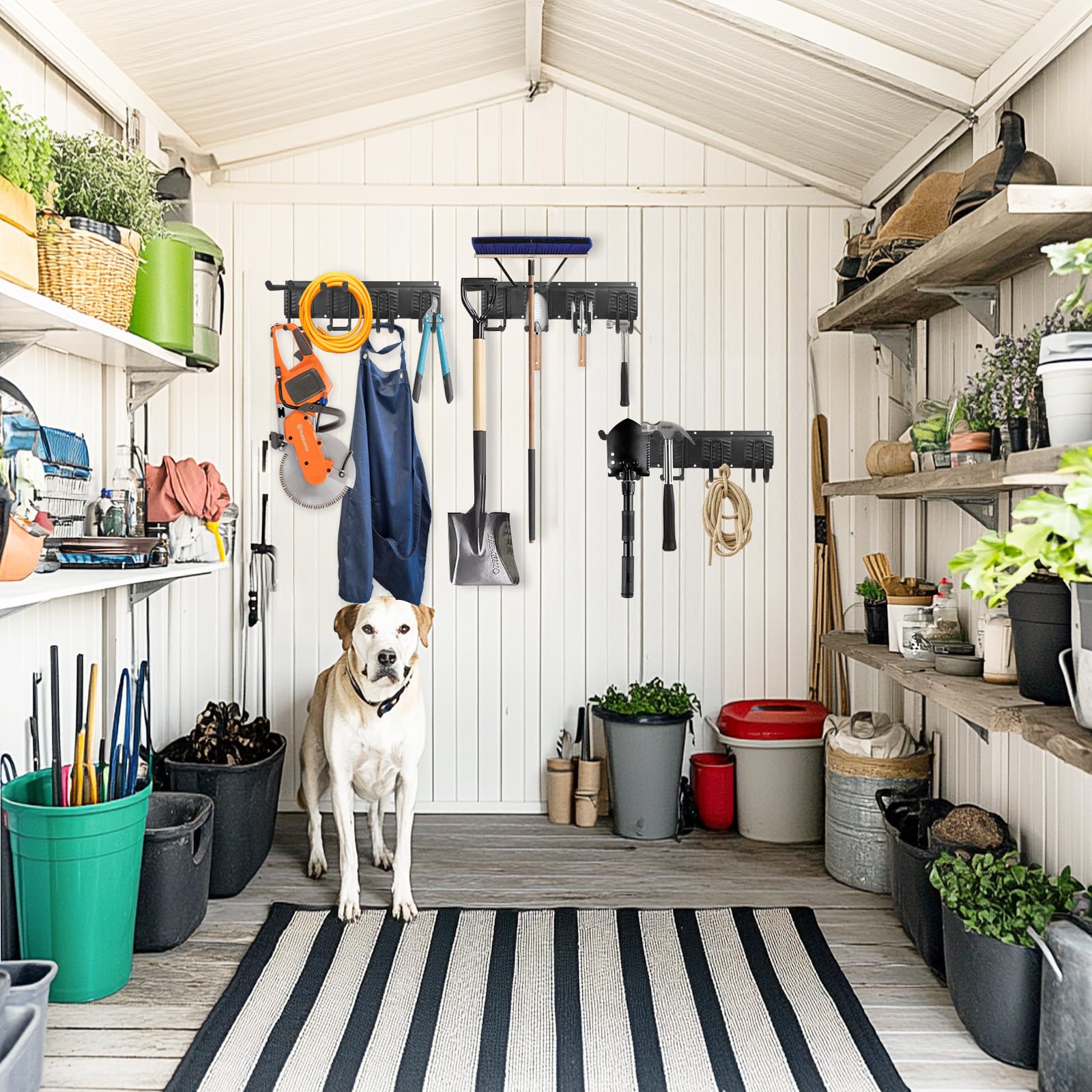Garage Tool Organizer Wall Mount, Heavy Duty Garage Organization Tool Storage Utility Rack, Sturdy Storage Rack Hanger with Adjustable Hooks, Garden Tool Organizer for Shovel, Rake, Folding Chair