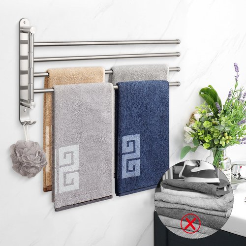 NearMoon Swivel Towel Rack, 19.5" Thicken 304 Stainless Steel 4-Arm Towel Bar, Space Saving Wall Mounted Towel Holder with Hook, Rustproof Swing Out Towel Hanger for Bathroom, Kitchen (Brushed Nickel)