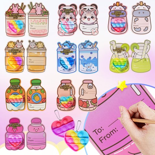 TOAPER 36 Pack Valentines Day Gifts for Kids - Bulk Prefilled Valentines Heart Pop Keychain Toys Classroom Cards, Valentine’s Day Cards for Kids Boys Girls School Class Exchange Gifts