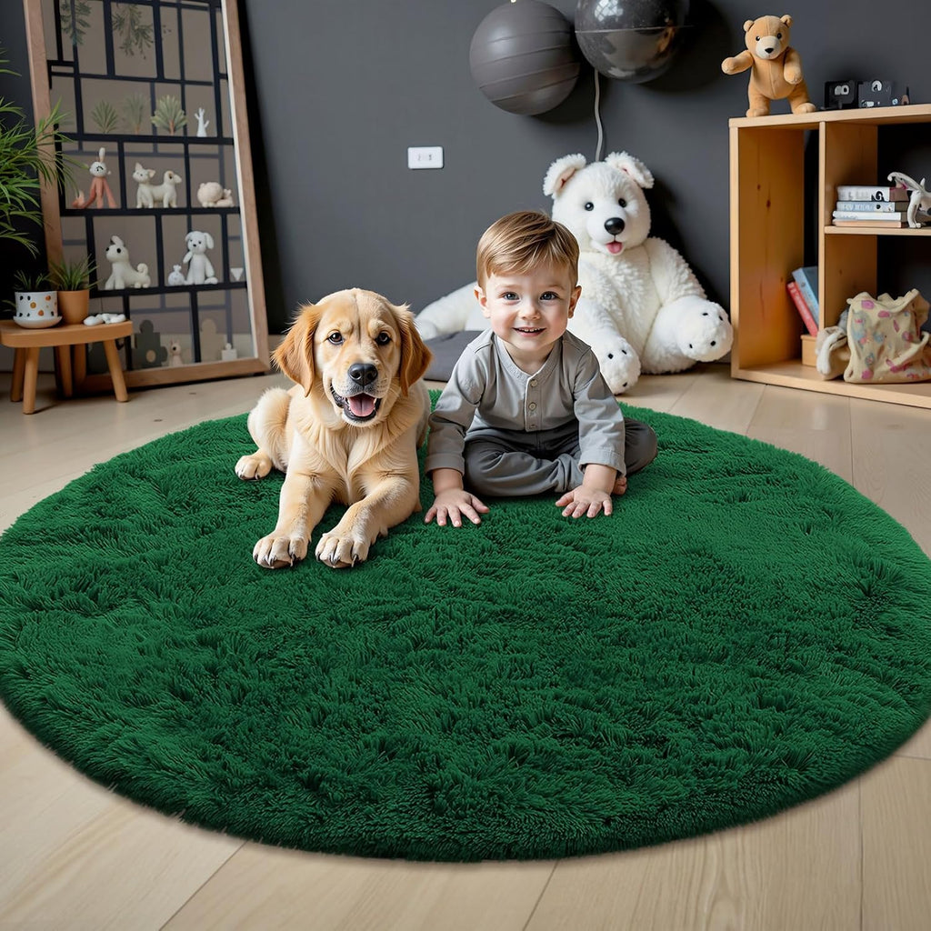 OLANLY Dark Green Round Rug - Soft, Fluffy Shaggy Carpet | 5 ft Machine Washable Area Rug for Bedroom, Living Room, Nursery Decor