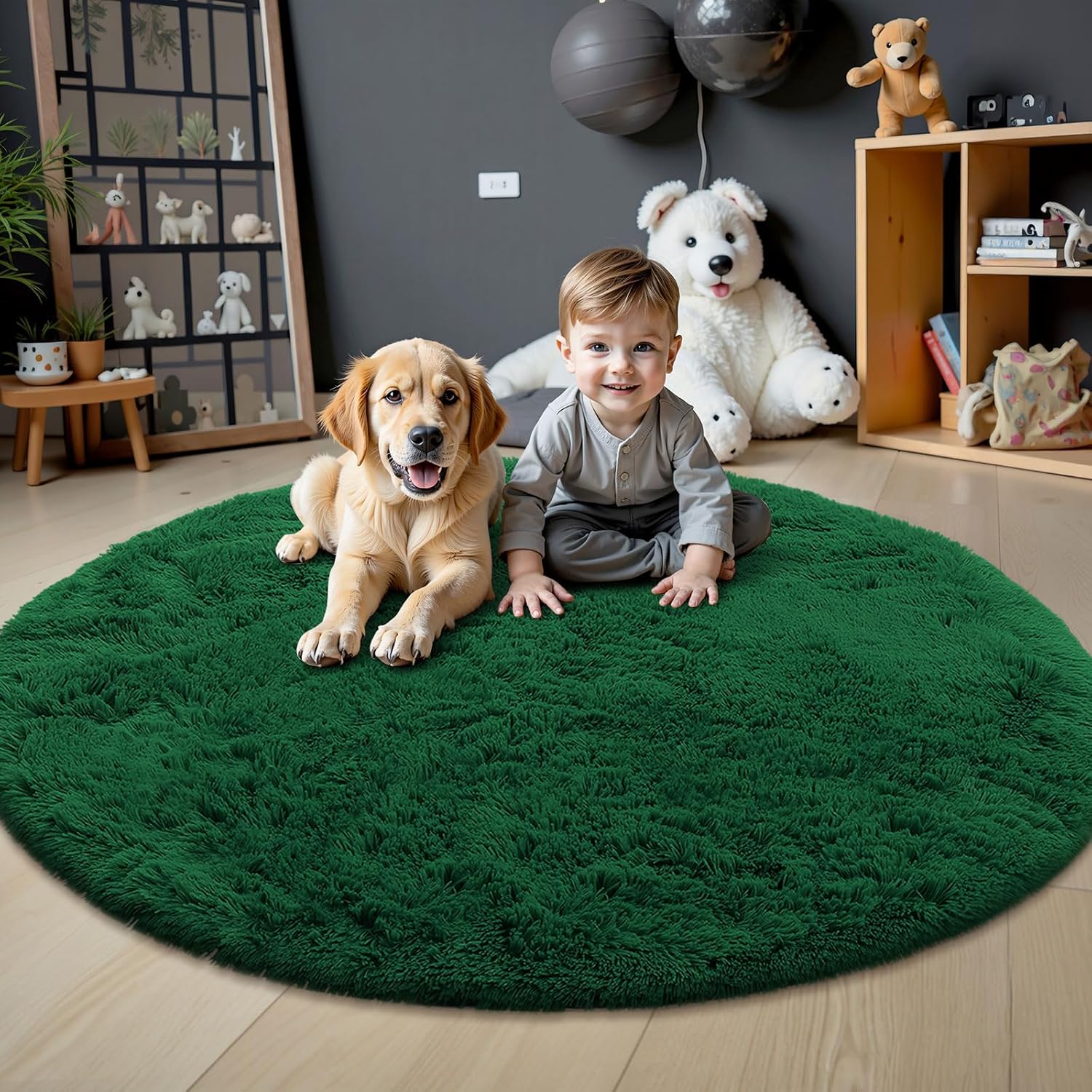 OLANLY Dark Green Round Rug - Soft, Fluffy Shaggy Carpet | 5 ft Machine Washable Area Rug for Bedroom, Living Room, Nursery Decor