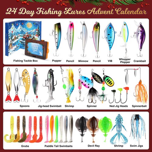 PLUSINNO Fishing Advent Calendar 2025 with Tackle Box and Premium Lures, 24 Days Christmas Countdown Advent Calendar Fishing Gifts for Men, Teens, Boys