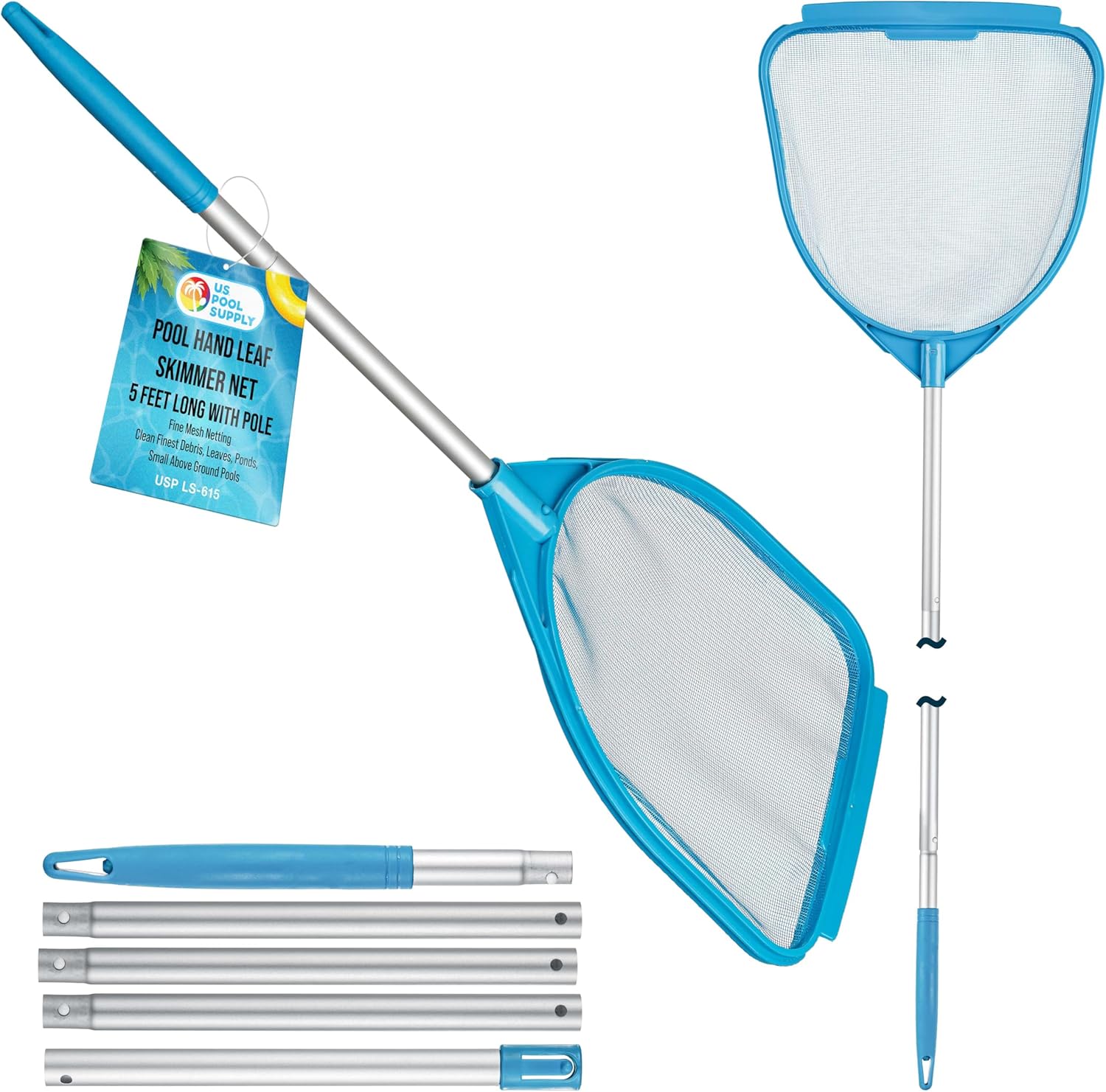 U.S. Pool Supply Pool Skimmer Net - Handheld Fine Mesh for Spa & Hot Tub Cleaning | Adjustable 32" to 5' Length