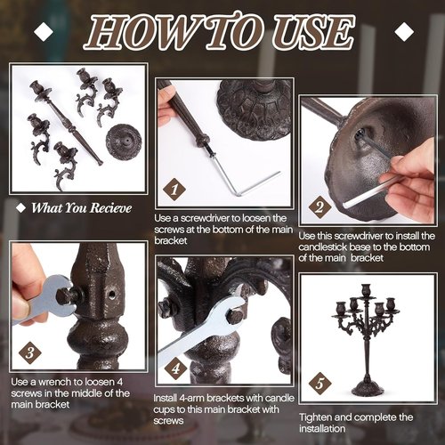 Mumufy 5-Arm Black Candelabra - Vintage Gothic Cast Iron Candlestick Holders | 16.7" Tall Decorative Centerpieces for Events