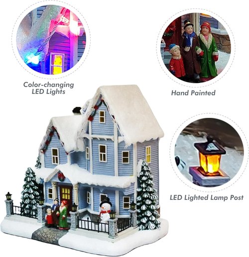 Moments In Time Vintage Christmas Village House - 8.9” Lighted LED Musical Décor with Snowman & Family Scene