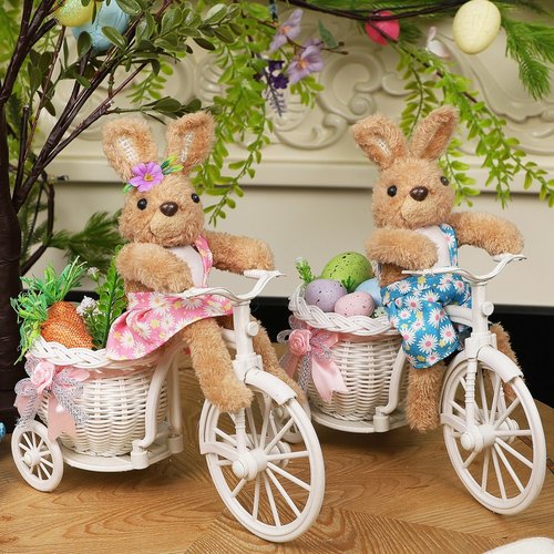 Juegoal Easter Tabletop Decorations - Set of 2 Cute Bunny Couple Figurines | 10" Rabbits on Bike