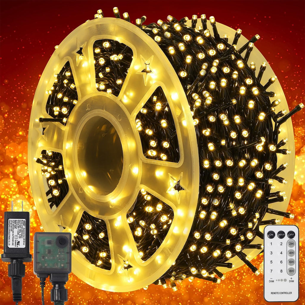 WATERGLIDE 1000 LED Christmas String Lights - 328 FT Waterproof Fairy Lights with Remote & 8 Modes | Warm White Decor for Outdoor Holiday Parties