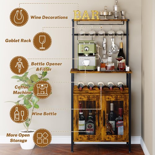 X-cosrack Bar Cabinet for Liquor and Glasses, Wine Rack Freestanding Floor for Small Space, 3-Tiers Storage Shelves, Industrial Coffee Bar with S Hooks, Small Buffet Sideboard Cabinet for Home