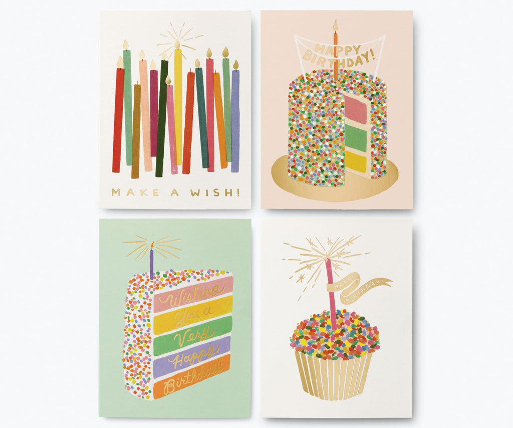 RIFLE PAPER CO. Birthday Candles Keepsake Card Boxed Set of 8, 4.25" L x 5.5" W Blank Interior Lets Your Thoughtful Handwritten Note Take Center Stage, Artisanally Crafted in the USA