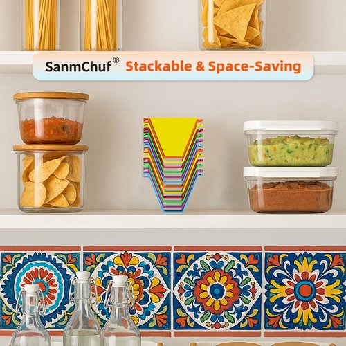 SanmChuf Microwave Safe Taco Holder Set of 6, Colorful Taco Holder Set 2 Sauce Cups, Connectable & Stackable Plastic Taco Stands, Microwave & Dishwasher Safe, Great for Family Meals & Taco Nights