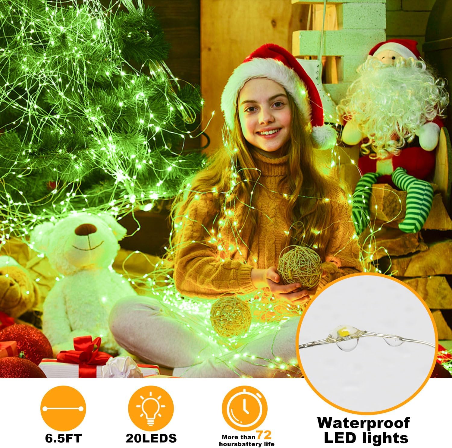 Skiennix 6 Pack Fairy Lights - 7ft 20 LED Waterproof Silver Wire String Lights for DIY Wedding Décor | Green