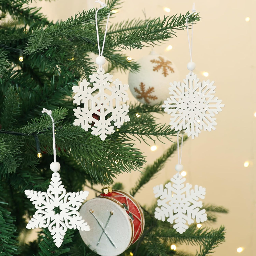 Skiennix 16-Piece White Snowflake Ornaments - 3-Inch Wooden Christmas Decorations for Holiday Crafts