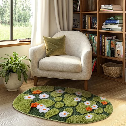 Naoloture Green Floral Moss Bathroom Rug Bath Mat, Ultra Thick Soft 3D Aesthetic Decor Cute Tufted Bath Rugs, Non Slip Absorbent Washable Moss Carpet for Shower Floor Sink Bedroom, 20x32 Inch