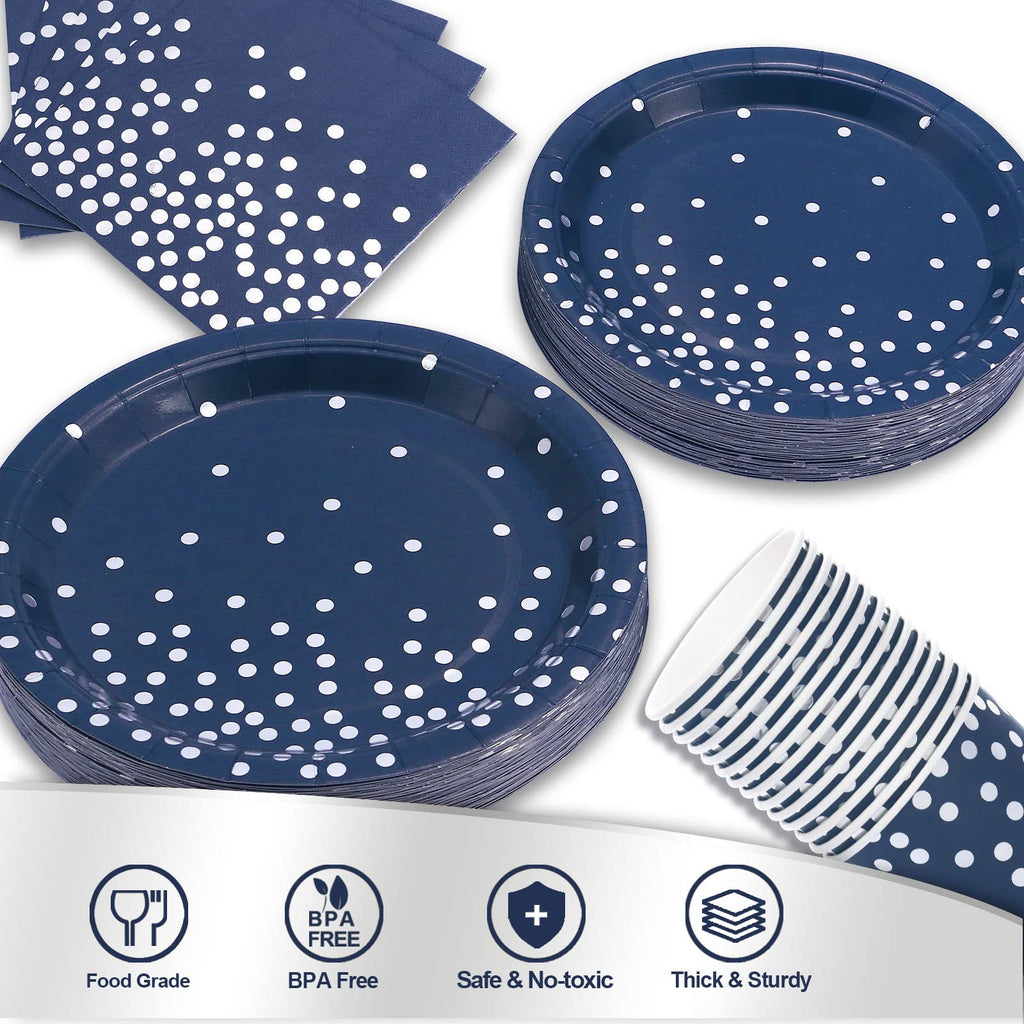 Gudvilla 200pcs Blue and Silver Party Deorations Birthday Plates Disposable-Serve 50 Guests,Navy Blue Plates and Napkins Party Supplies for Wedding Anniversary Retirement Graduation Decorations