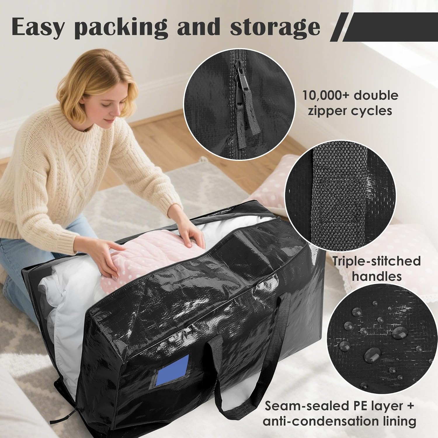 Skiennix Extra Large Heavy Duty Moving Bags - Moisture-Resistant Storage Bins with Reinforced Zipper & Wide Handles | Black, 6 Pack