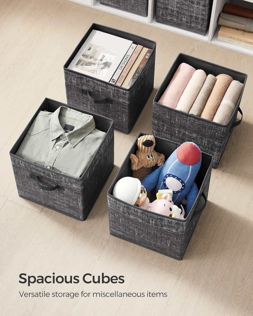 SONGMICS Storage Cubes - 11.8-Inch Foldable Non-Woven Fabric Bins with Double Handles - Set of 6, Classic Black
