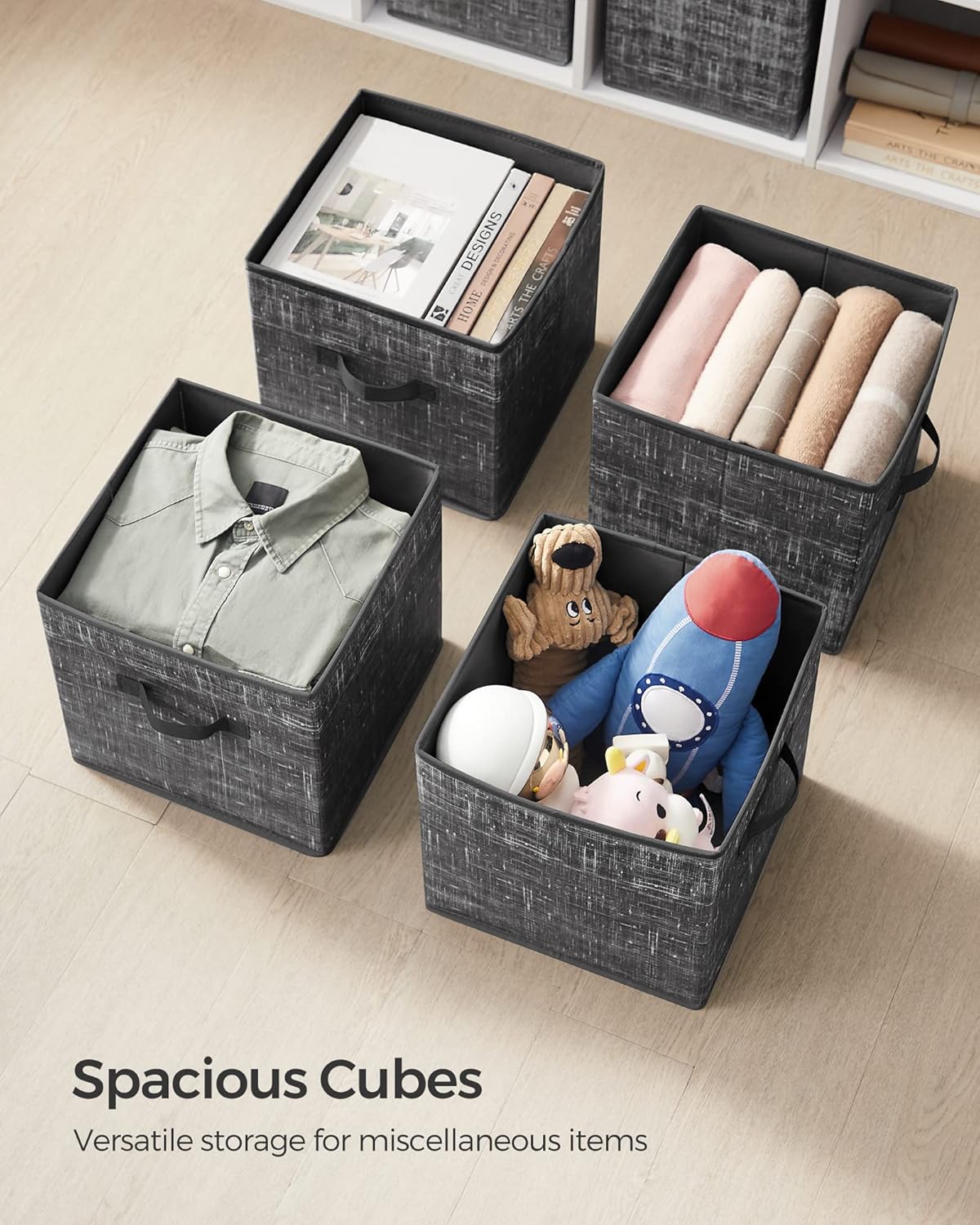 SONGMICS Storage Cubes - 11.8-Inch Foldable Non-Woven Fabric Bins with Double Handles - Set of 6, Classic Black