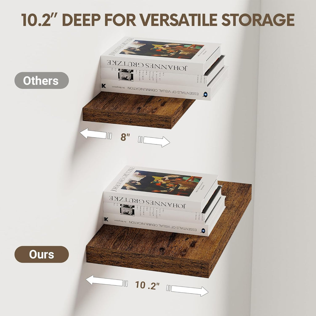 Vivelove 10 Inch Deep Floating Shelves - Set of 2 Rustic Brown Wall Shelves with Invisible Brackets for Home Decor