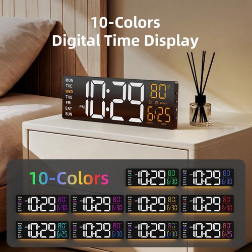 EASYERA 16.5" Large Digital Wall Clock with Anti-Glare Display, RGB Lights with 10 Scenes Mode Remote Control, Adjustable Brightness, Dual Alarms, Auto DST, BT Sync, Temperature for Living Room