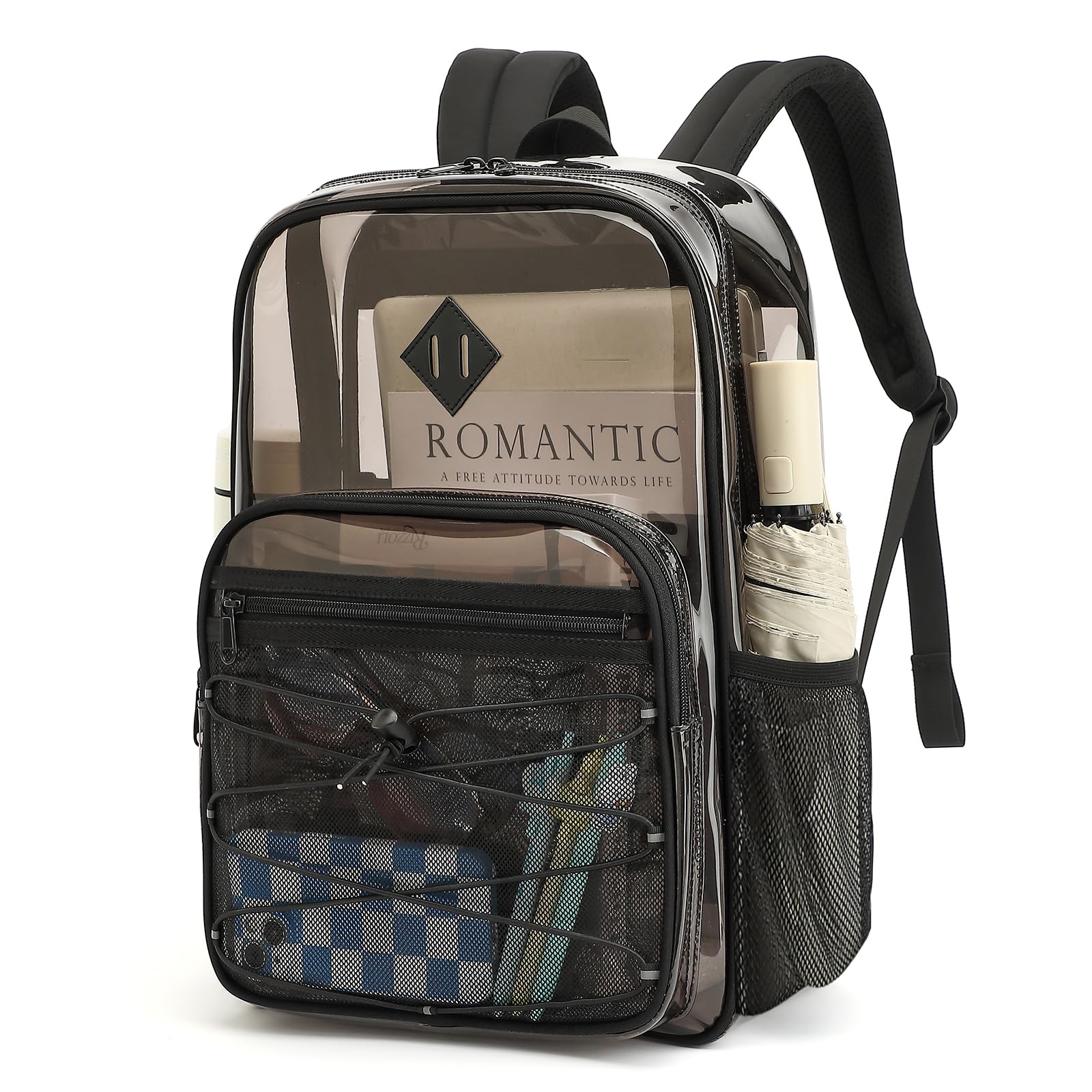 MUSEVOS Clear Backpack Heavy Duty for School, Large PVC See Through Backpacks for Stadium Events, Travel, Clear BookBag for Kids, Boys and Girls, Semi Black