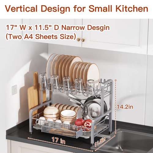 2 Tier Dish Drainer Drying Rack for Kitchen Counter Large Stainless Steel Dishes Drain with Drainboard Set, Space Saving, Big Modern Black Countertop Metal Plate Dryer Strainer Holder and Extra Tray