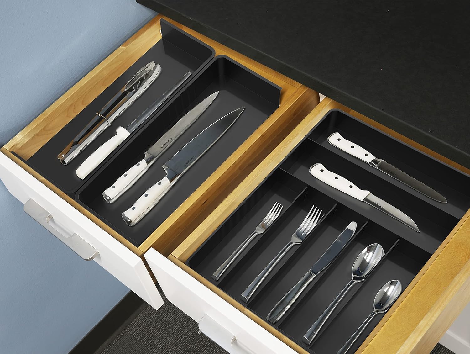 Simple Houseware Flatware Organizer - Adjustable Black Kitchen Drawer Tray with 9 Compartments for Utensils