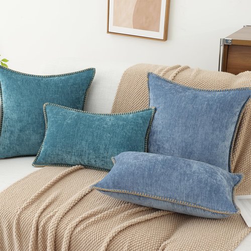 decorUhome Spring Chenille Soft Cozy Throw Pillow Covers 18x18 Set of 2, Modern Farmhouse Boho Velvet Decorative Pillow Cases with Stitched Edge for Couch Sofa Bed Home Decor, Blue