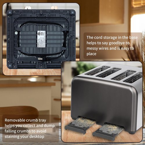 SEEDEEM Toaster 4 Slice, Stainless Toaster & Touch Control, LCD Display, 6 Bread Type, 7 Shade Settings, 1.5'' Wide Slots, Cancel/Defrost/Reheat, Removable Crumb Tray, 1800W, Dark Metallic