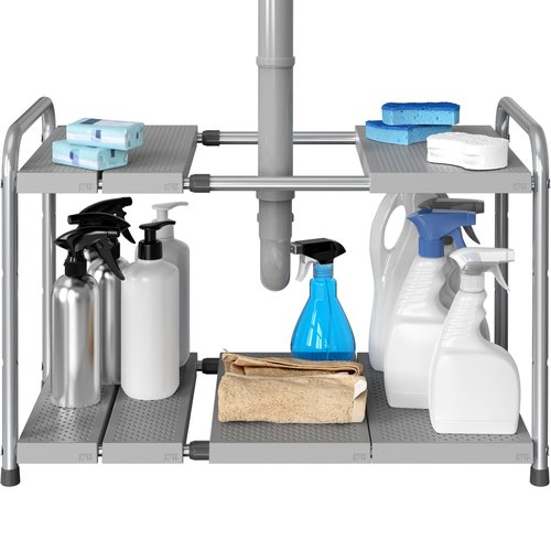 Simple Houseware Under Sink 2-Tier Heavy Duty Expandable Rack Organizer, Adjustable Width 15.75–25 Inches with 4 Shelf Height Levels, Silver