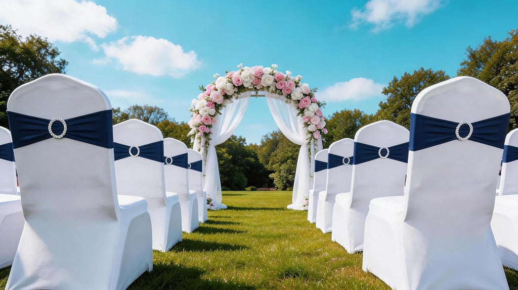 Skiennix 50 Pack Navy Blue Stretch Spandex Chair Sashes - Elastic Bands with Slider Buckles for Weddings & Events