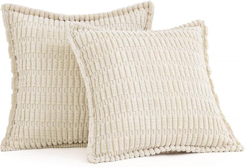 MIULEE Cream White Corduroy Throw Pillow Covers - Soft Striped Design | Set of 2, 18x18 Inch for Modern Boho Decor