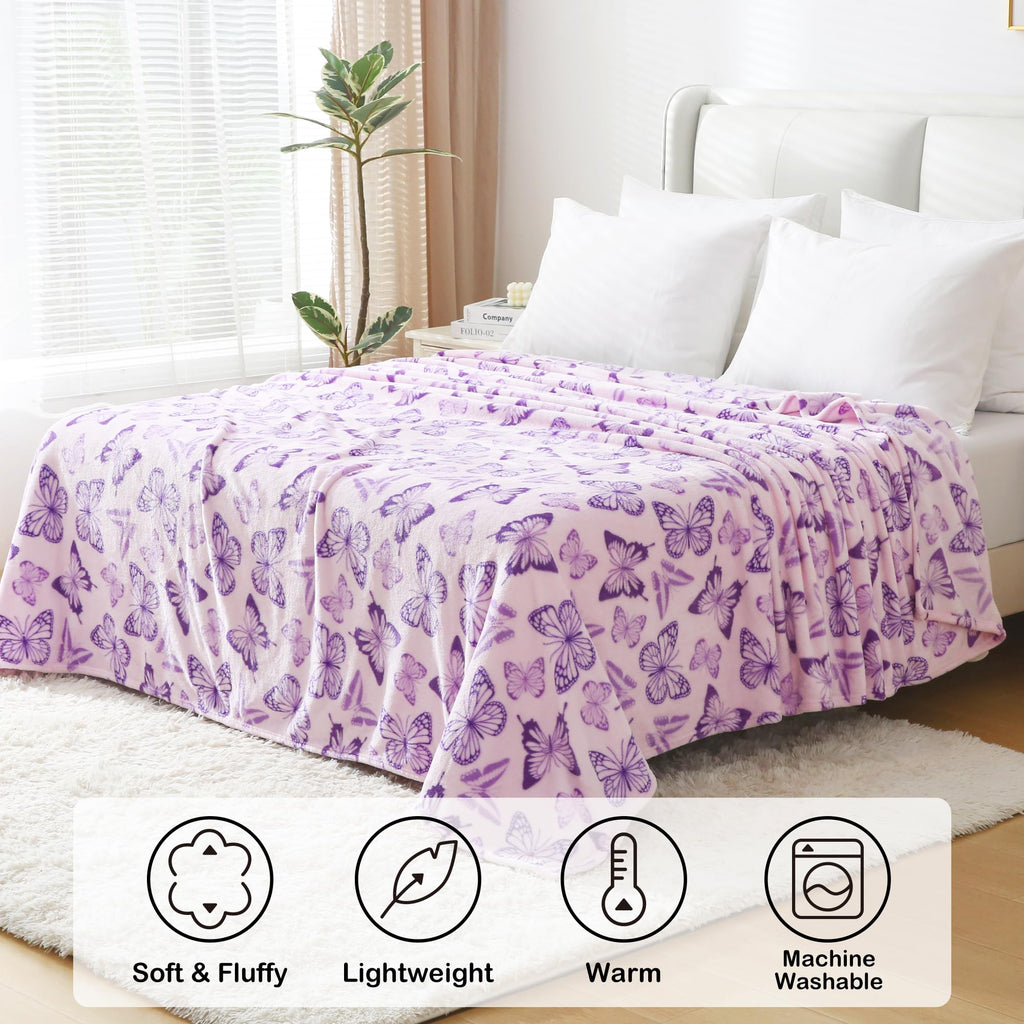 Softan Fleece Blanket - Purple Butterfly Throw Blanket - Fuzzy Lightweight Super Soft Microfiber Flannel Blankets for Couch, Bed, Sofa - Ultra Luxurious Warm and Cozy for All Seasons (60"×80")