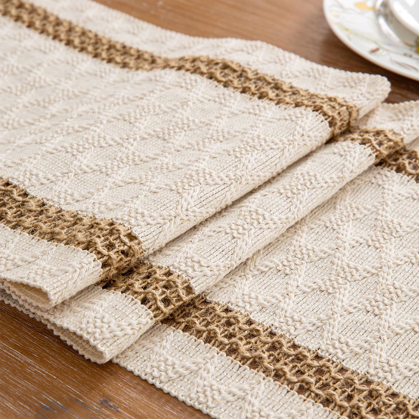 Niviy Boho Table Runner 90 Inches Long Summer Farmhouse Macrame Table Runner Cotton Linen Woven Table Runners for Fall Dining Table Home Baby Bridal Shower Decor , Beige & Brown