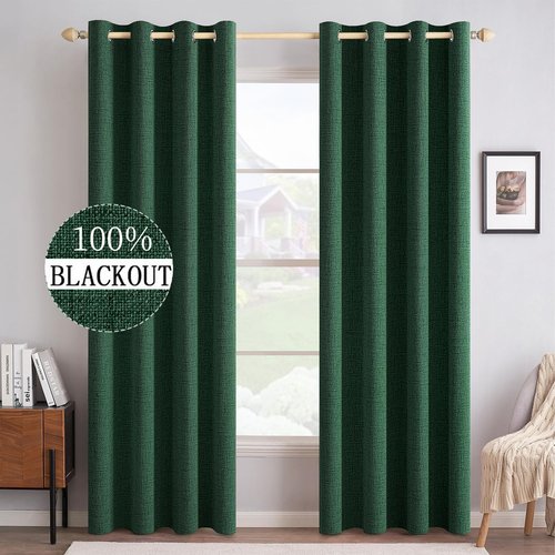 MIULEE 100% Blackout Linen Curtains - Thermal Insulated Emerald Green Drapes | 52 x 96 Inch (2 Panels)
