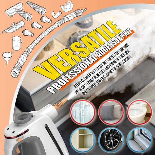 Heavy Duty Handheld Steam Cleaner for Cleaning with Lockable Steam Button&11pcs Accessories, Unlimited Water Addition for Continuous Steaming, Multi-Purpose Steamer for Cleaning Car, Grout (Grey)