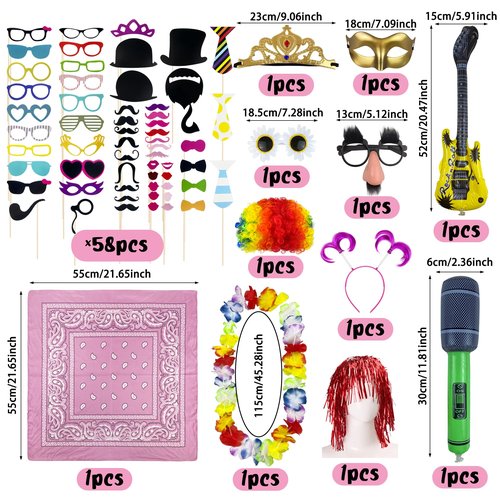 69PCS Colorful Photo Booth Props Set Novelty Funny Hats Wigs Glasses Props Sign Perfect for Graduation Birthday Bachelorette and All Occasions